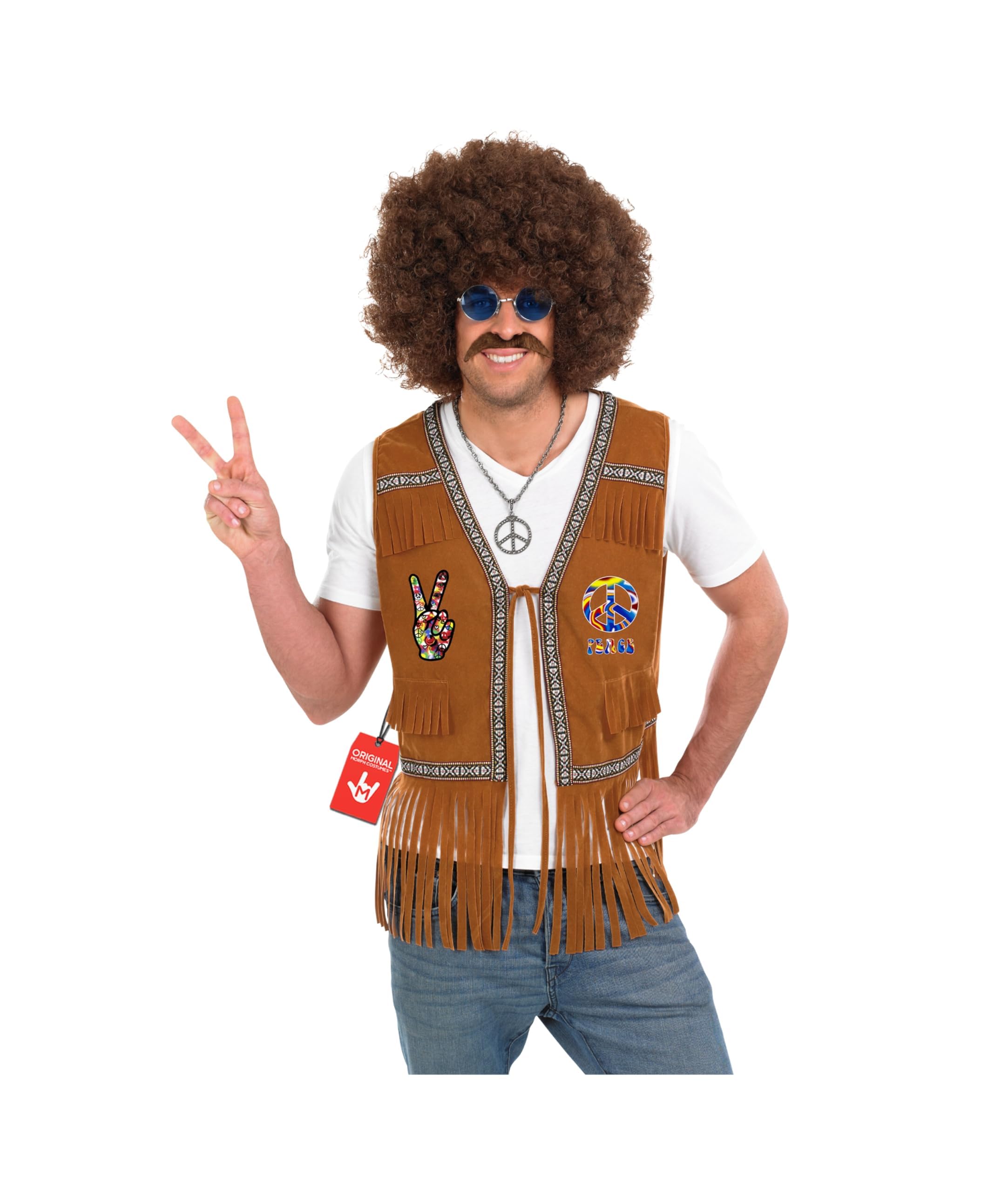 fun shack Brown Waistcoat Costume for Men, Hippie 60s 70s Themed Outfit, Retro Mens Costume for Parties and Events