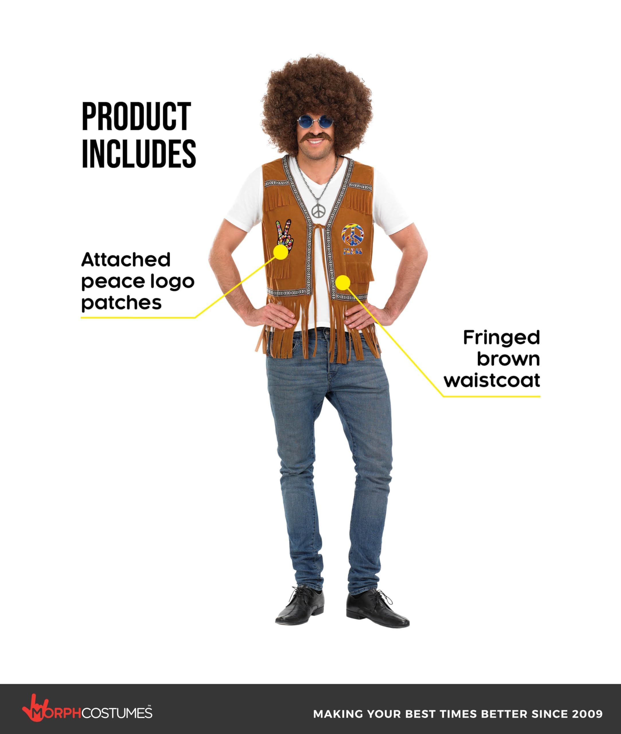 fun shack Brown Waistcoat Costume for Men, Hippie 60s 70s Themed Outfit, Retro Mens Costume for Parties and Events - Image 2