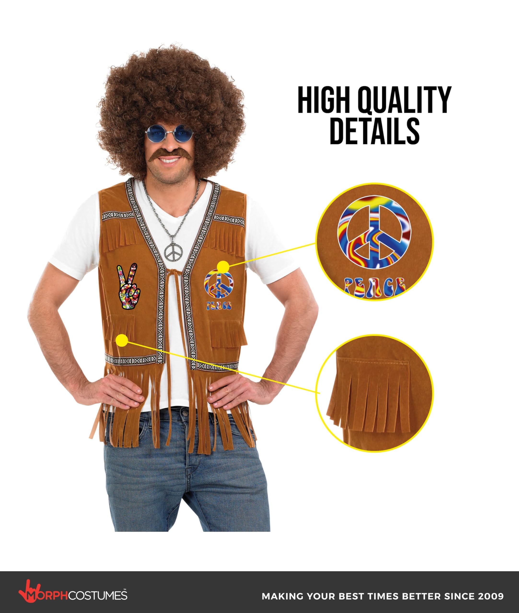 fun shack Brown Waistcoat Costume for Men, Hippie 60s 70s Themed Outfit, Retro Mens Costume for Parties and Events - Image 3
