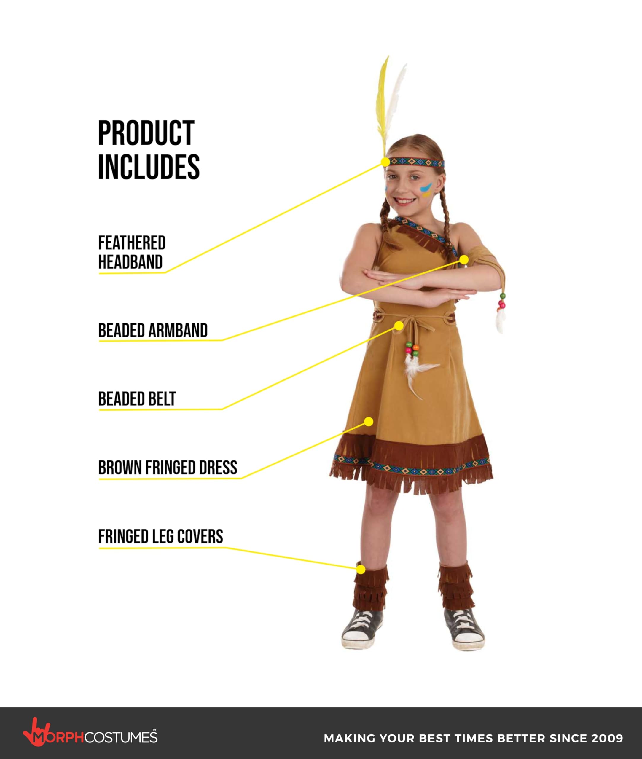 fun shack Girls Native American Costume Childrens Brown Fringed Indian Dress Outfit - Small - Image 2