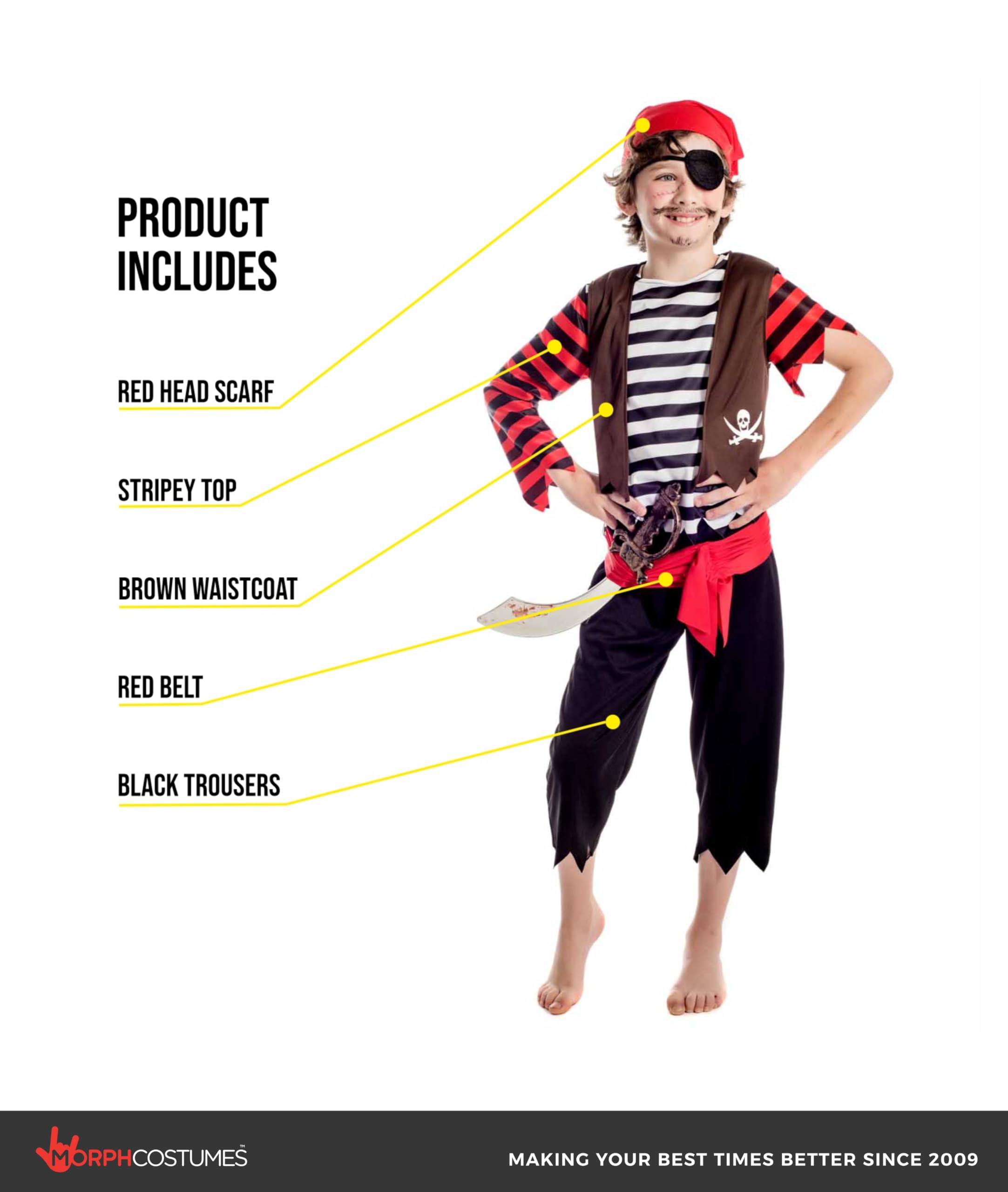 fun shack Kids Pirate Costume Childrens Sea Captain First Mate Stripey Outfit - Large - Image 2