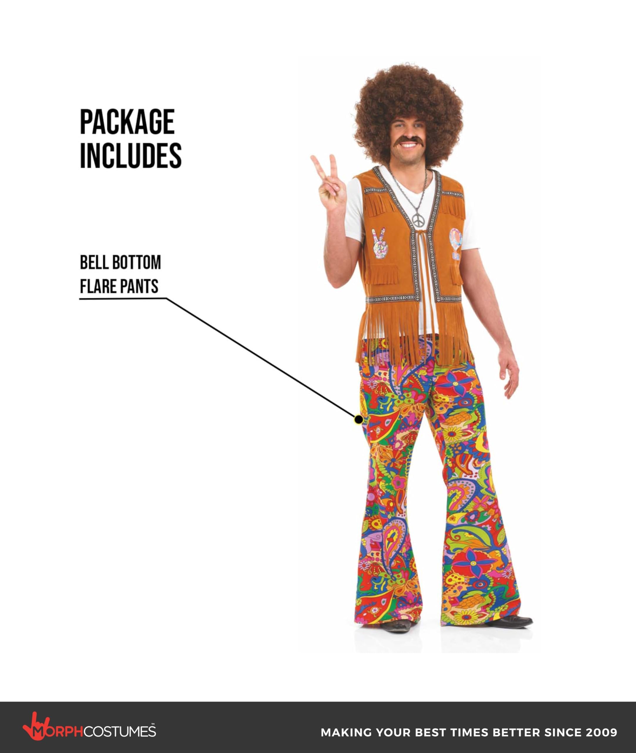 fun shack Men's Hippie Flared Pants, 70s Bell Bottom Costume, Polyester, Medium, Large, XL - Image 2