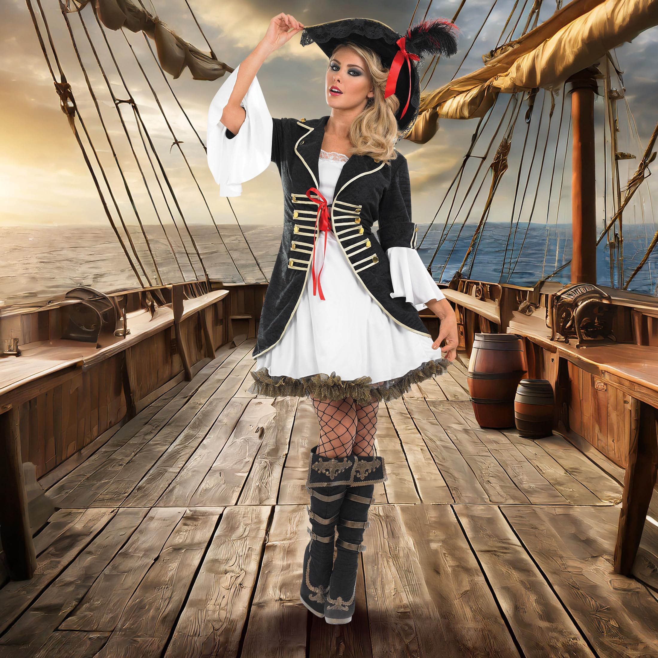 fun shack Pirate Costume Women's Deluxe Buccaneer Outfit with Corset Jacket, Dress, Hat - Image 3