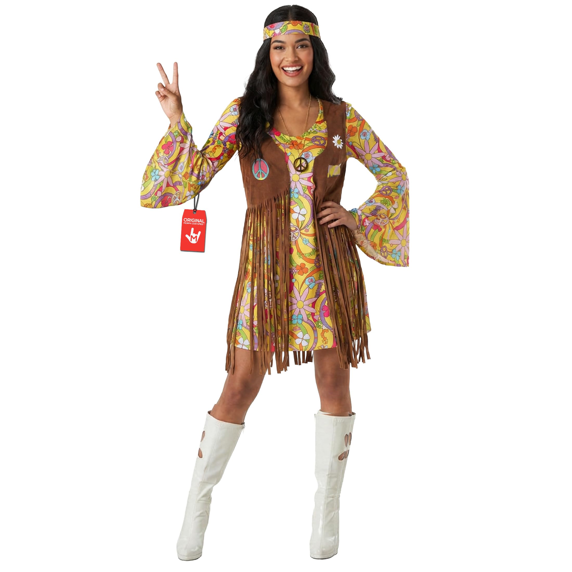 Morph 70s Costumes for Women, Yellow Hippie Costume Women, 60s Hippie Dress, Hippie Costume for Womens