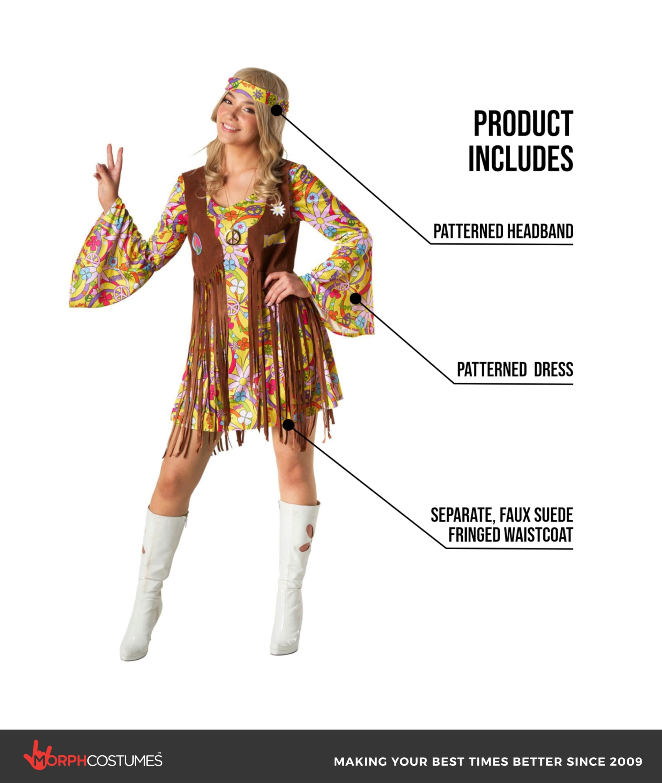 Morph 70s Costumes for Women, Yellow Hippie Costume Women, 60s Hippie Dress, Hippie Costume for Womens - Image 2
