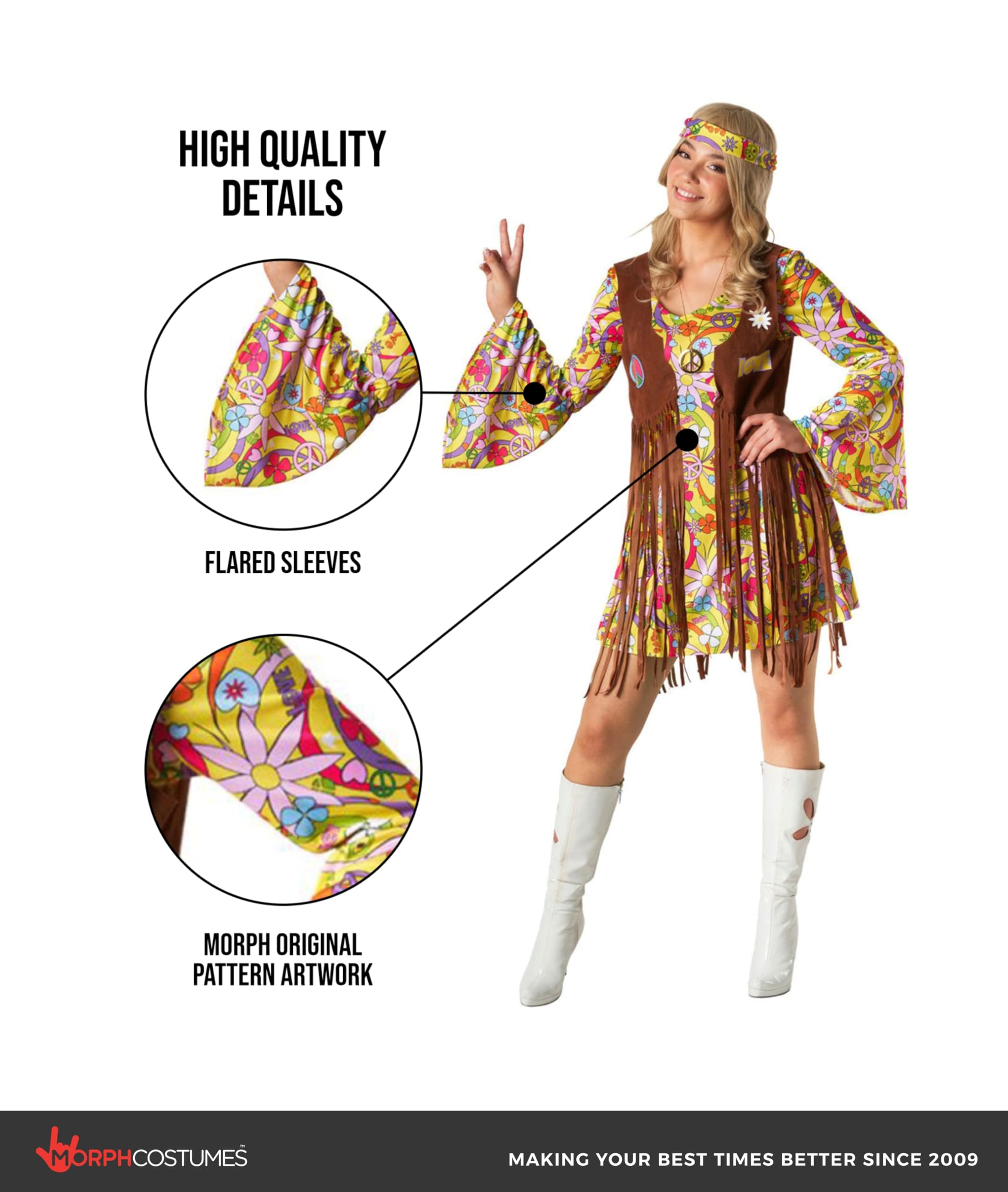 Morph 70s Costumes for Women, Yellow Hippie Costume Women, 60s Hippie Dress, Hippie Costume for Womens - Image 3
