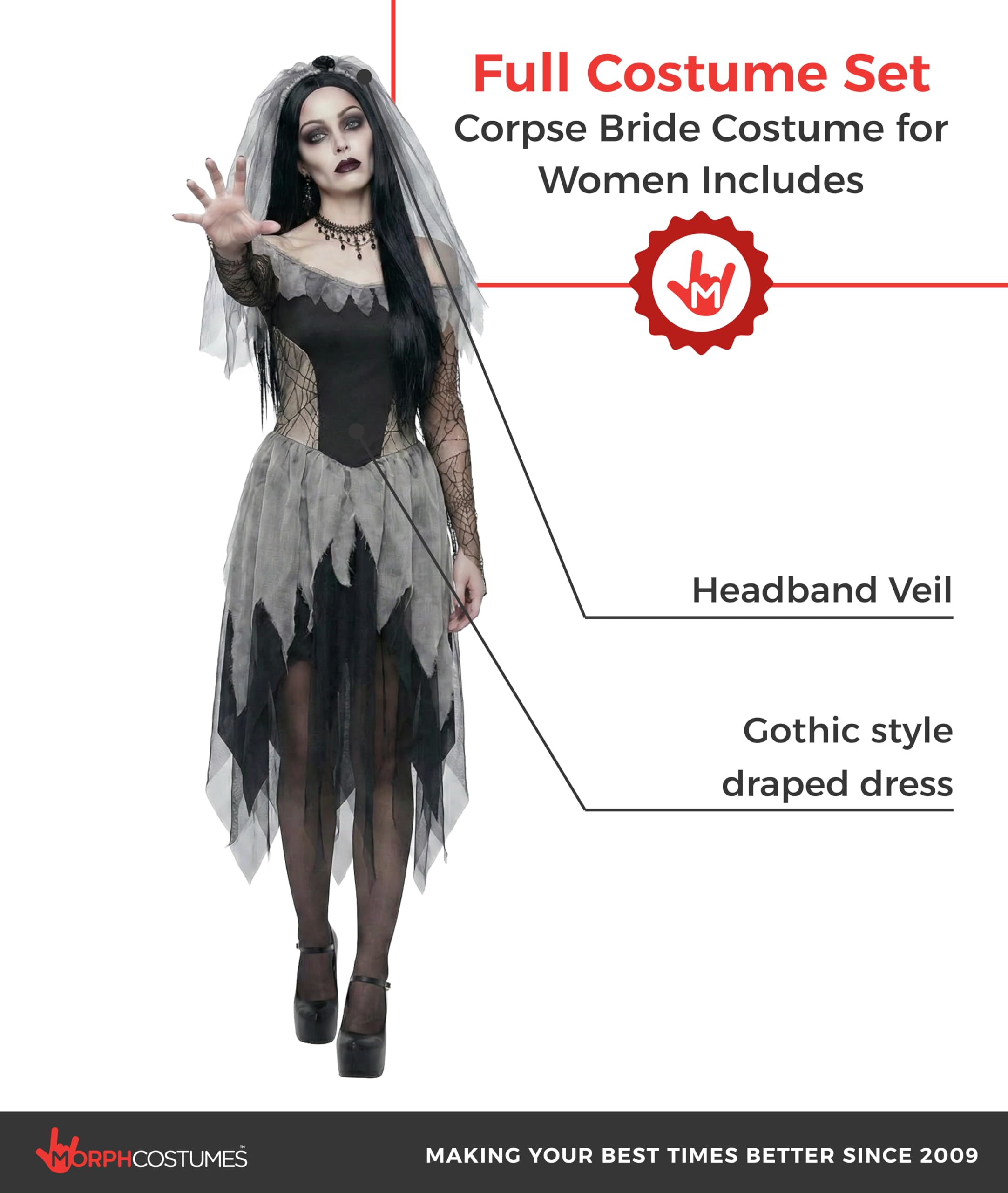 Morph Corpse Bride Costume for Women, Zombie Bride Costume Women, Womens Halloween Costumes - Image 2