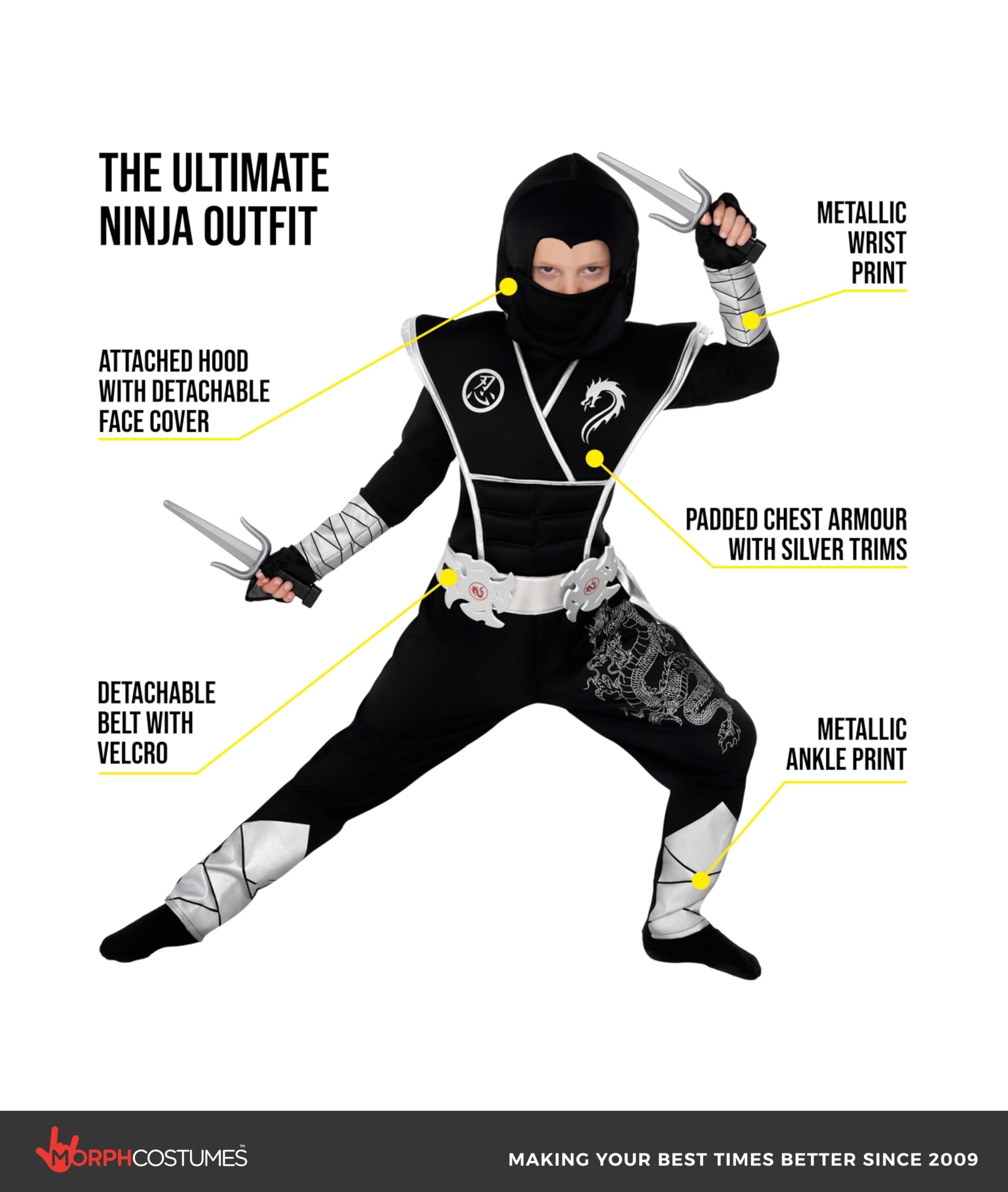Morph Deluxe Silver Boys Ninja Costume, Ninja Kids Costumes, Ninjas Kids Costume, Boys Ninjas Costumes - Image 3