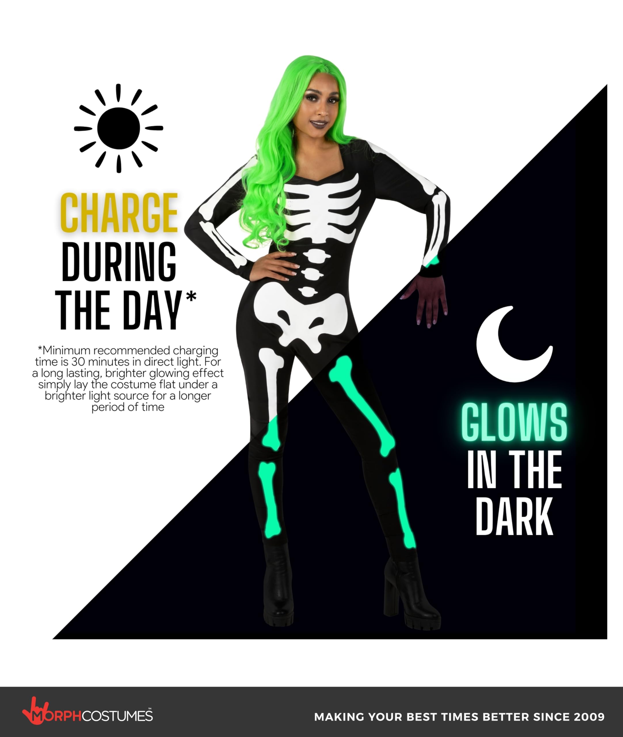 Morph Glow In Dark Skeleton Bodysuit Costume For Women - Halloween Skeleton Outfit, Spooky Party Wear - Image 3