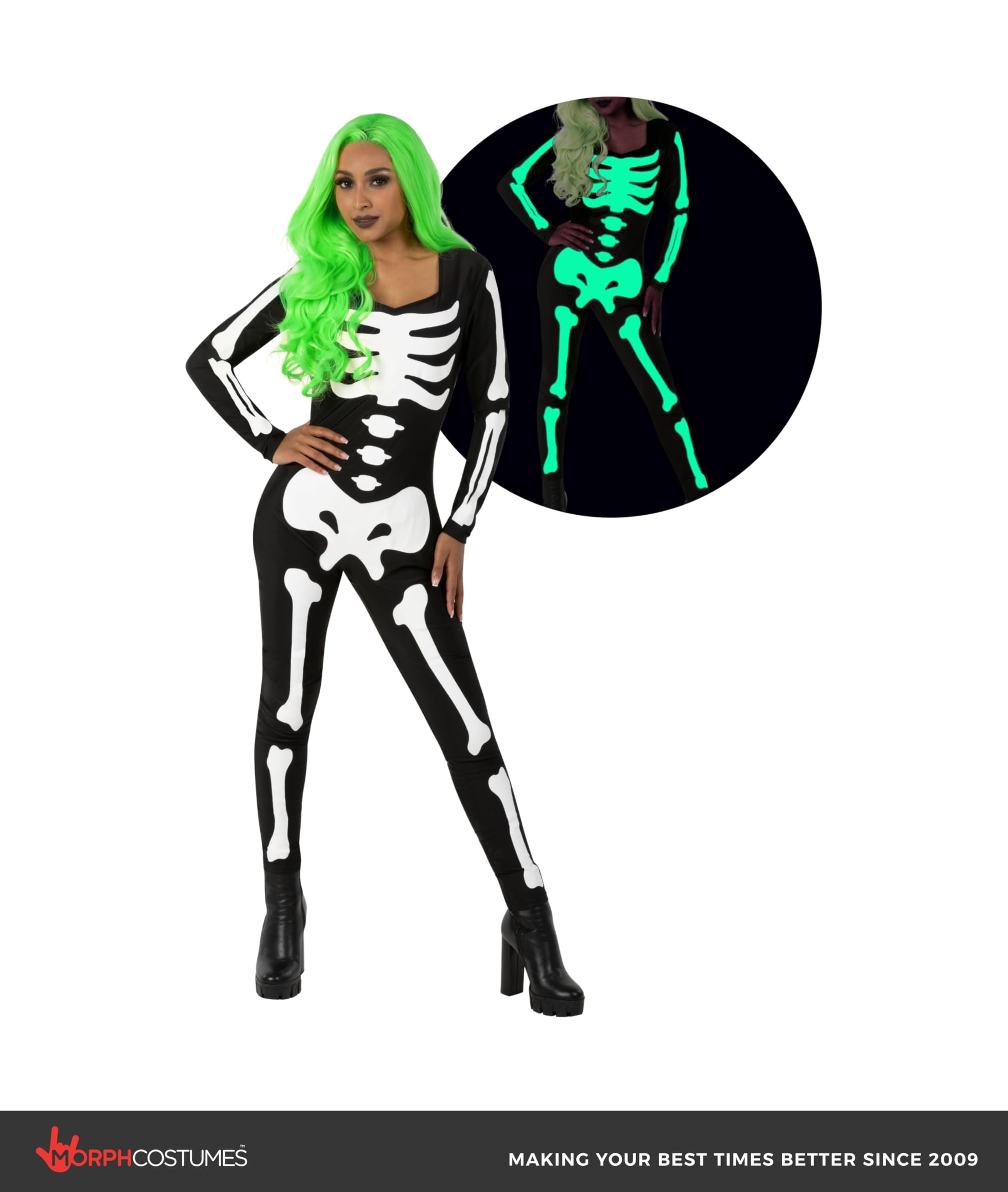 Morph Glow In Dark Skeleton Bodysuit Costume For Women - Halloween Skeleton Outfit, Spooky Party Wear - Image 4