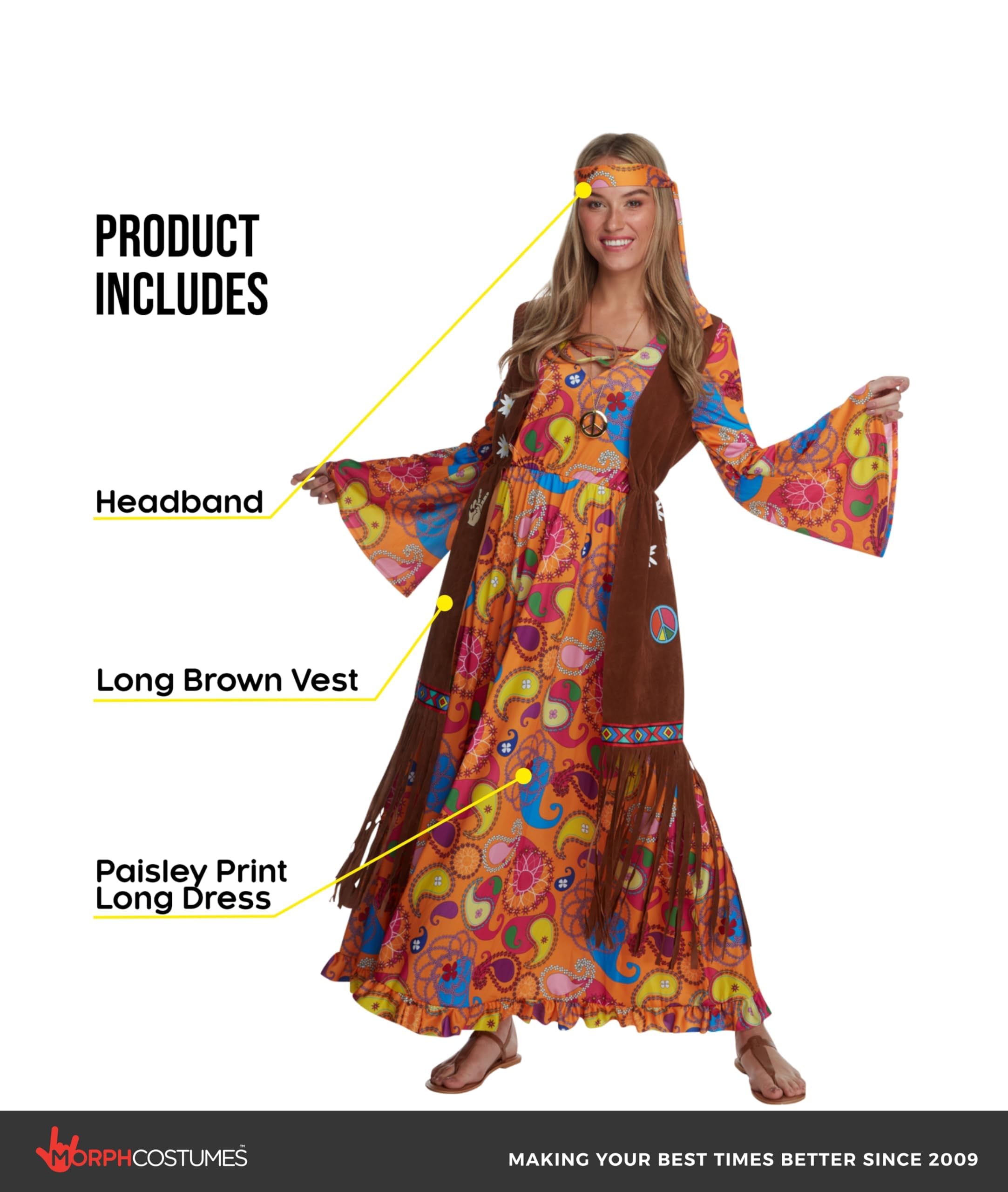 Morph Hippie Costume Women, 70s Outifts for Women, 60s Long Dress, 70s Disco Outfits for Womens - Image 2