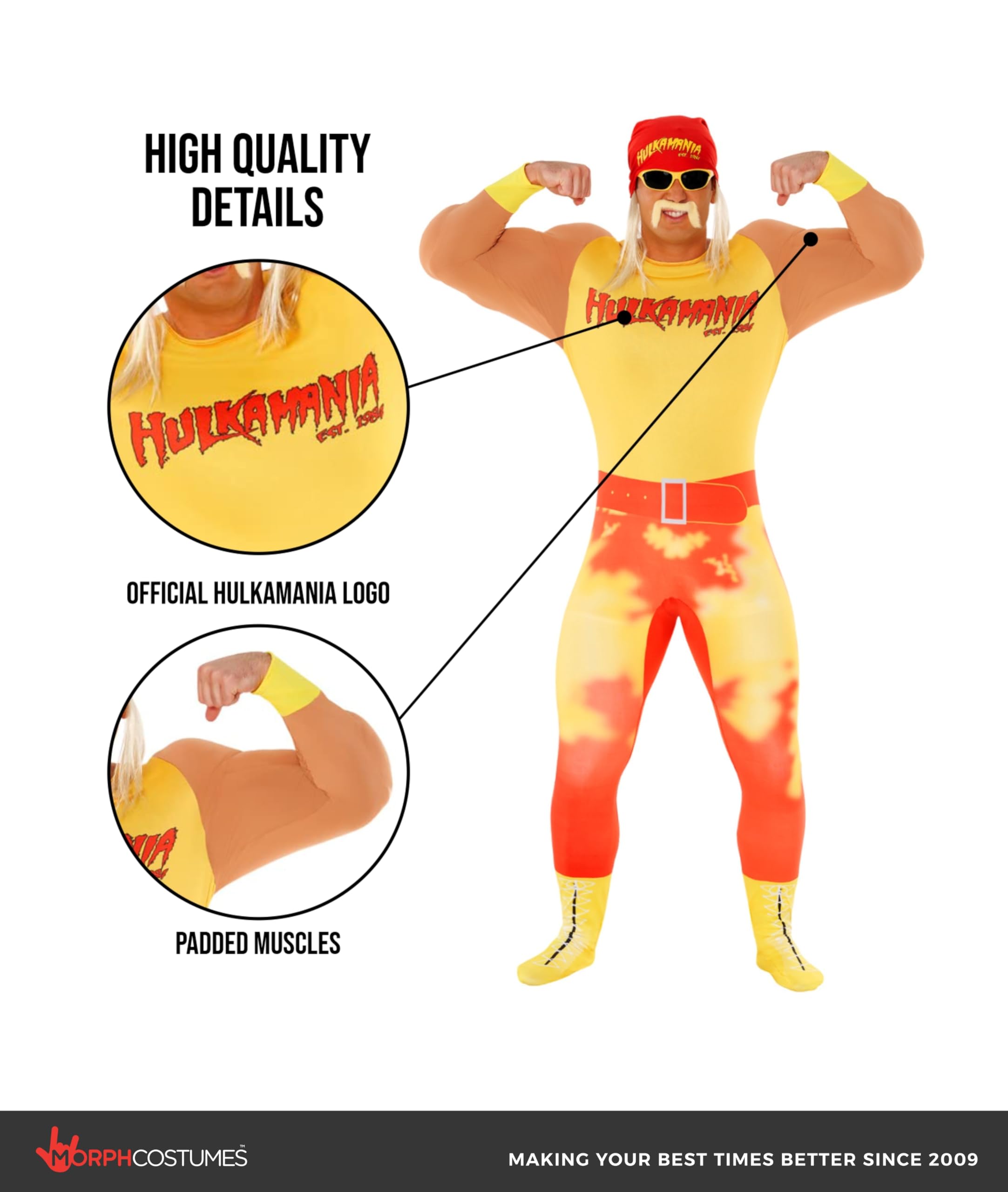 Morph Hulk Hogan Costume, WWE Costume, Hulk Hogan Wrestling Adult Outfit, WWE Wrestling Halloween Outfit with Accessories - Image 3