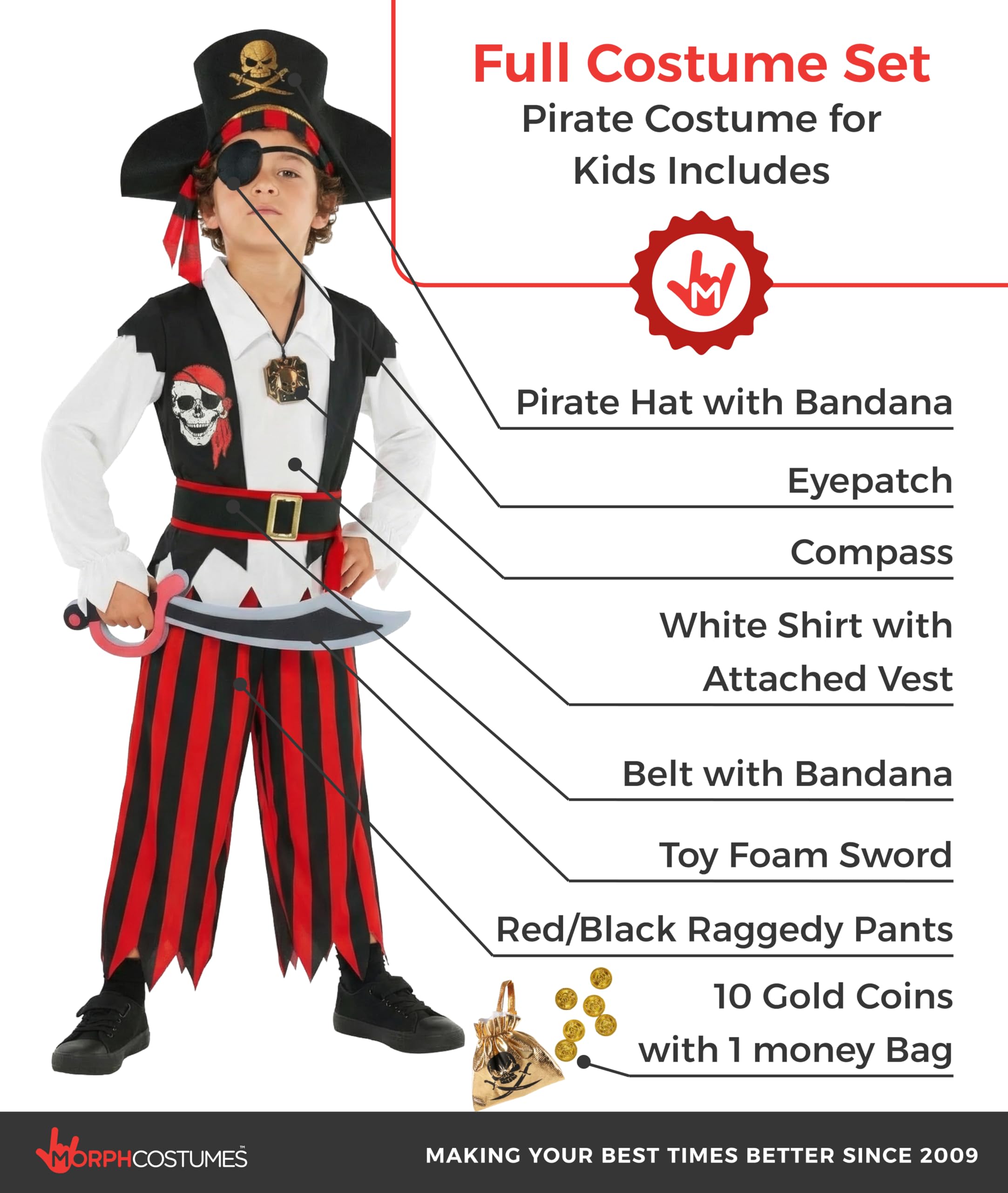 Morph Pirate Costume Boys, Black And White Pirate Costume Kids, Boys Halloween Costumes, Halloween Costumes For Kids, Small - Image 2