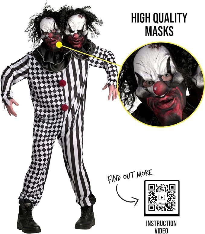 Morph Scary Clown Costume for Adults, Killer Clown Costume Men and Women, Halloween Scary Outfit, Creepy Horror Suit, 2 heads - Image 2