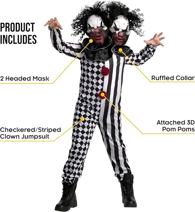 Morph Scary Clown Costume for Adults, Killer Clown Costume Men and Women, Halloween Scary Outfit, Creepy Horror Suit, 2 heads - Image 3