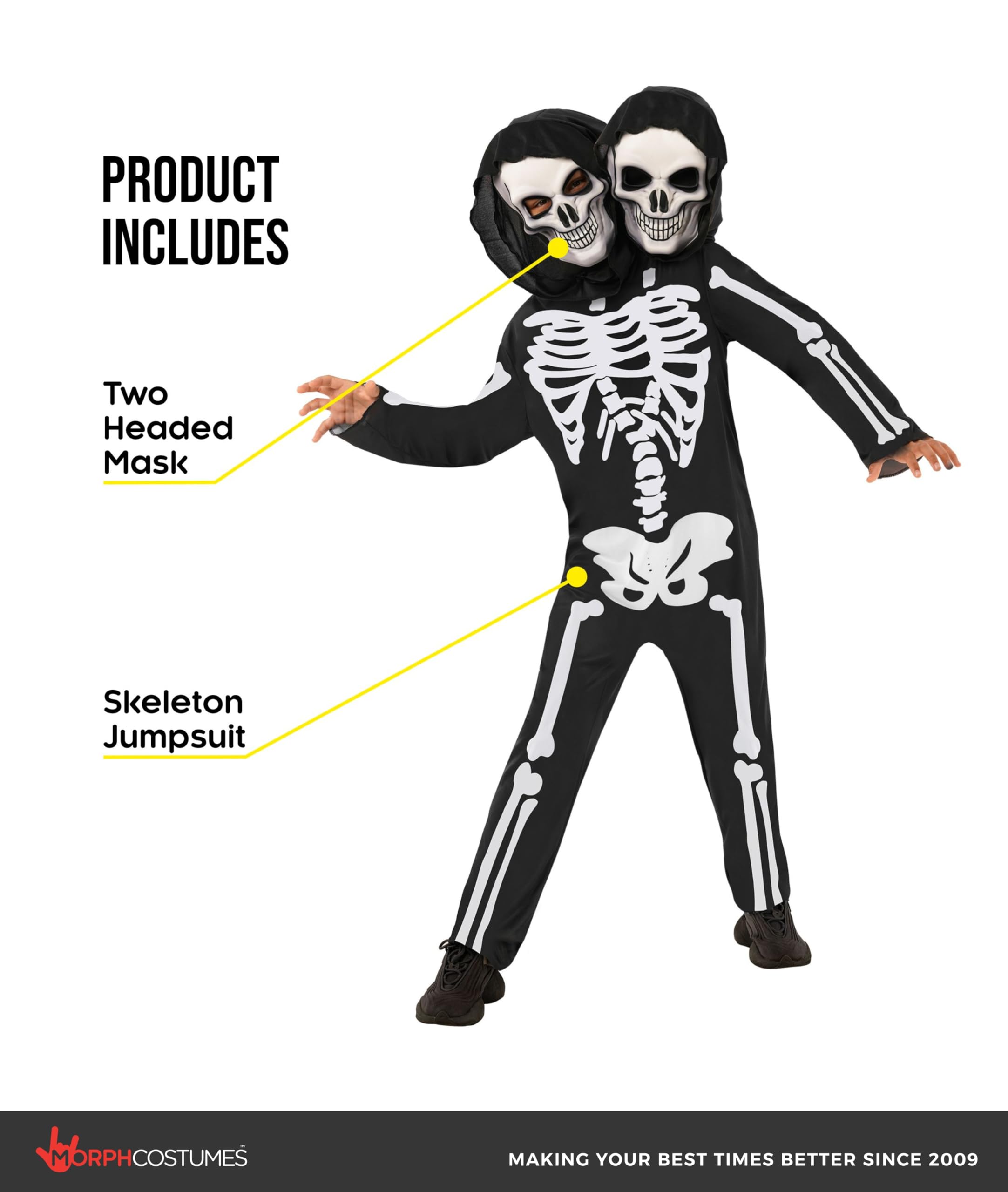 Morph Skeleton Costume Kids - 2-Headed Skeleton Outfit for Boys - Fun Halloween Dress-Up for Children - Image 2