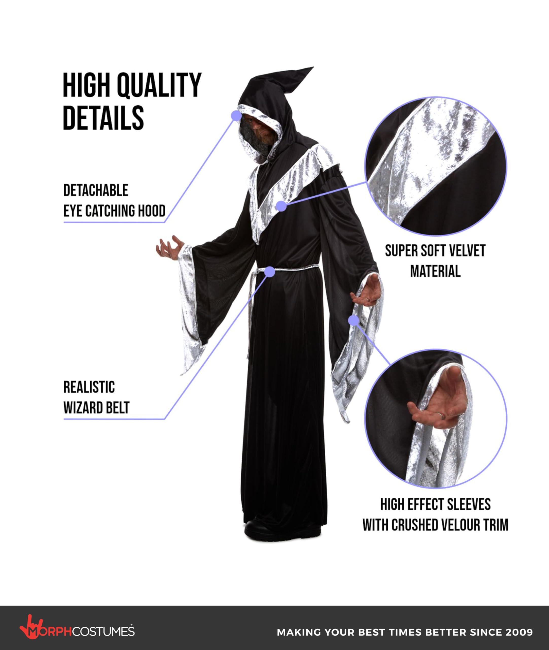Morph Wizard Costume Men, Men's Wizard Cloak Costume, Adult Warlock Robe and Sorcerer Outfit, Halloween Costumes For Men - Image 2