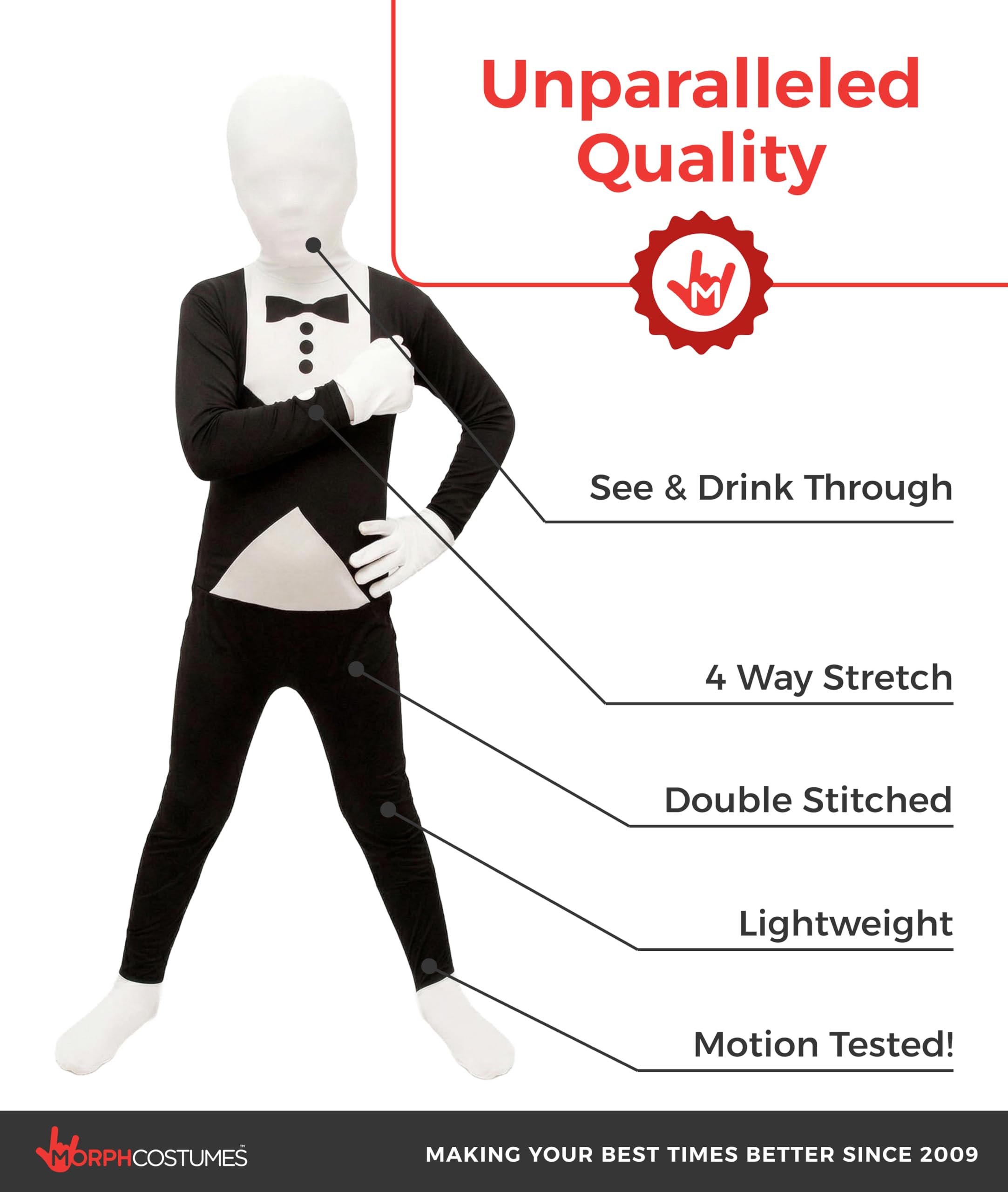 Morphsuits Tuxedo Kids Black Morph Suit, Boys Black Morph Suit, Kids Black Bodysuit Costume, Zentai Suit Scary Costumes Kids - Image 2